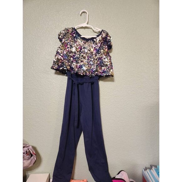 Girls shiny jumpsuit Size 6-7X blue - Picture 1 of 6